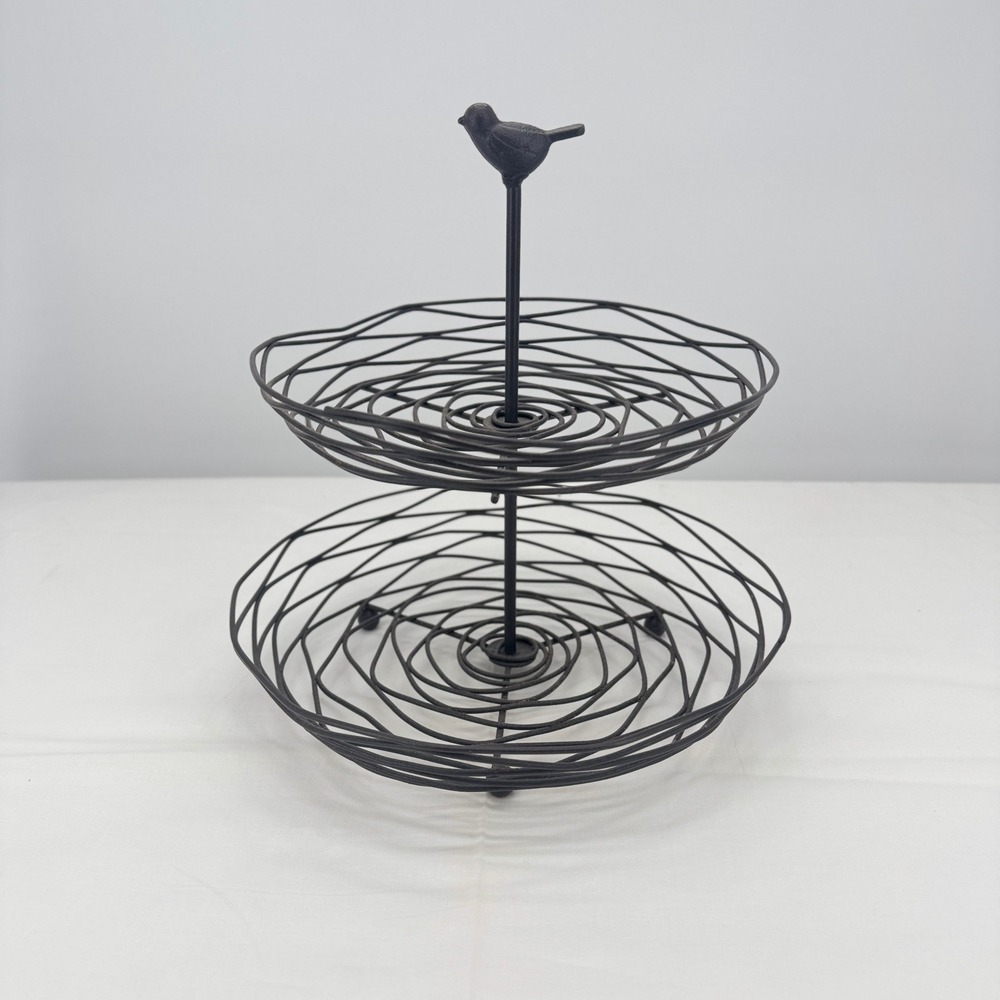 Rustic 2 Tier Wire Bird Finial Fruit Basket Stand Bronze Metal Nest Server 12in